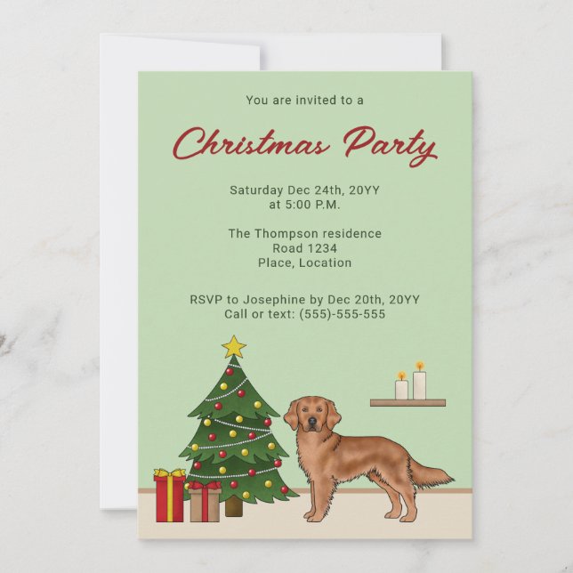 Red Golden Retriever Dog With Christmas Tree Green Invitation (Front)