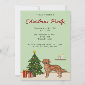 Red Golden Retriever Dog With Christmas Tree Green Invitation