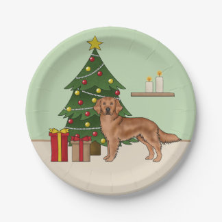 Red Golden Retriever Dog With Christmas Tree Green Paper Plates