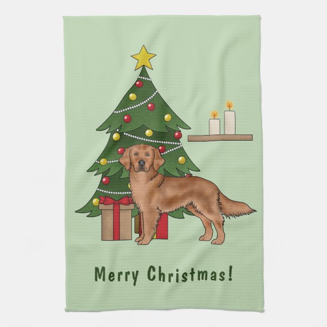 Red Golden Retriever Dog With Christmas Tree Kitchen Towel (Vertical)