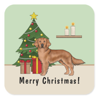 Red Golden Retriever Dog With Christmas Tree Square Sticker