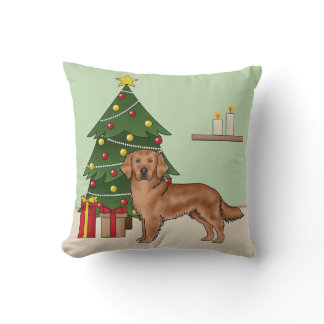 Red Golden Retriever Dog With Christmas Tree Throw Pillow