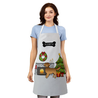 Red Golden Retriever In A Christmas Room &amp; Name Apron