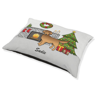 Red Golden Retriever In A Christmas Room &amp; Name Pet Bed