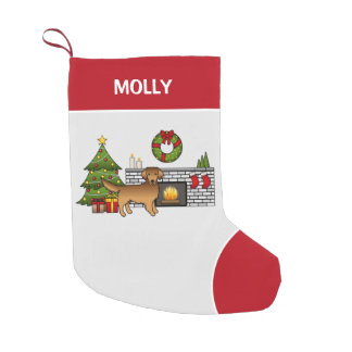 Red Golden Retriever In A Christmas Room &amp; Name Small Christmas Stocking