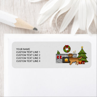 Red Golden Retriever In A Christmas Room &amp; Text Label