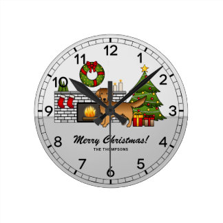 Red Golden Retriever In A Christmas Room &amp; Text Round Clock