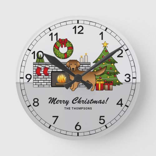 Red Golden Retriever In A Christmas Room  Text Round Clock