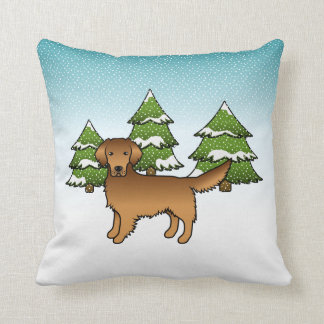 Red Golden Retriever In A Winter Forest Throw Pillow