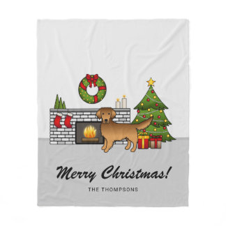 Red Golden Retriever In Christmas Room &amp; Text Fleece Blanket