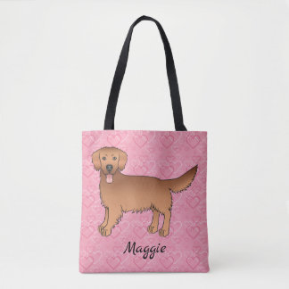 Red Golden Retriever On Pink Hearts &amp; Name Tote Bag