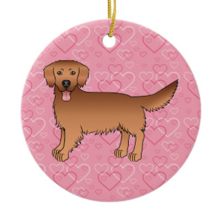 Red Golden Retriever On Pink Hearts Pet Memorial Ceramic Ornament
