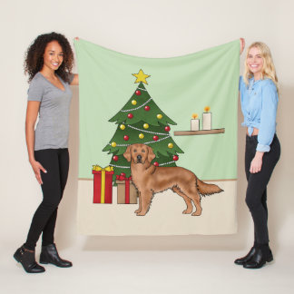 Red Golden Retriever With Green Christmas Tree Fleece Blanket