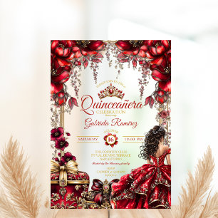 Red Golden Tiara Floral Quinceañera Acrylic Invitations