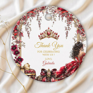 Red Golden Tiara Floral Quinceañera Favor Tags
