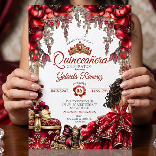 Red Golden Tiara Floral Quinceañera Invitation