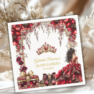 Red Golden Tiara Floral Quinceañera Napkins