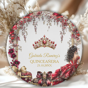 Red Golden Tiara Floral Quinceañera Paper Plates