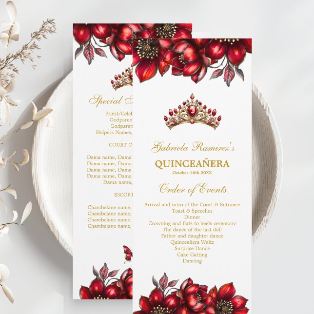 Red Golden Tiara Floral Quinceañera  Program (Creator Uploaded)