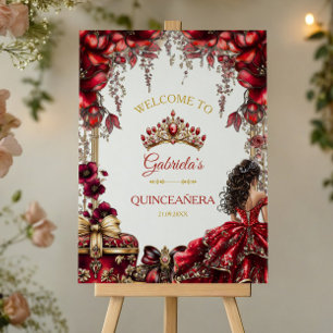 Red Golden Tiara Floral Quinceañera Welcome  Foam Board