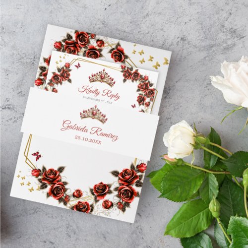 Red Golden Tiara Quinceañera Invitation Belly Band