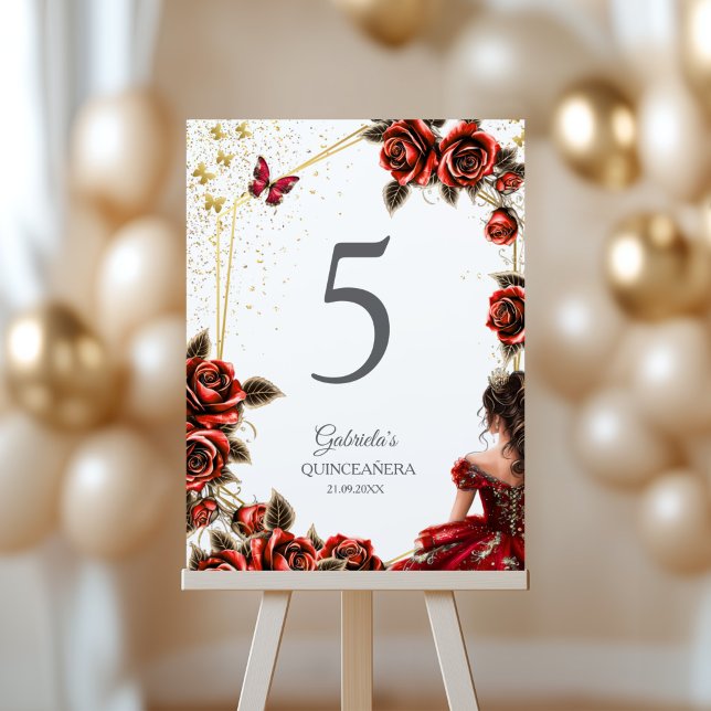 Red Golden Tiara Roses Butterflies Quinceañera  Table Number (Creator Uploaded)