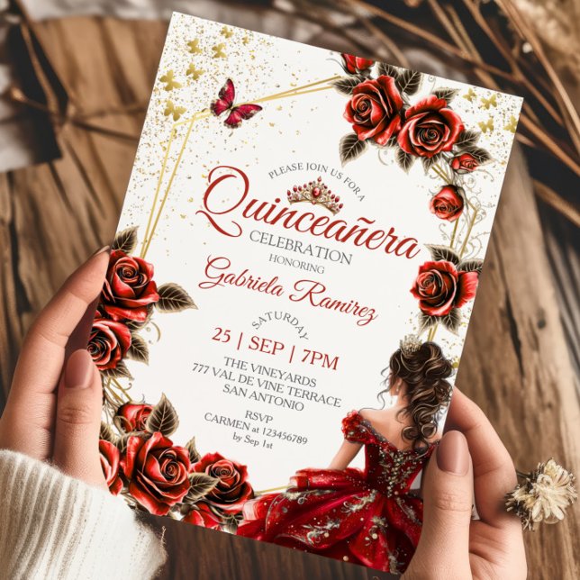 Red Golden Tiara Roses Butterfly Quinceañera Invitation (Creator Uploaded)