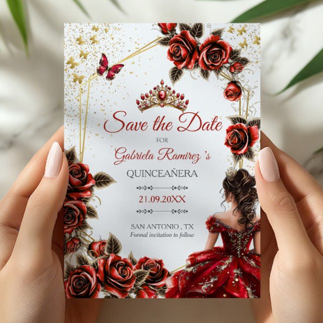 Red Golden Tiara Roses Butterfly Quinceañera Save The Date (Creator Uploaded)