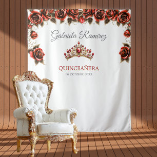 Red Golden Tiara Roses Quinceañera Backdrop