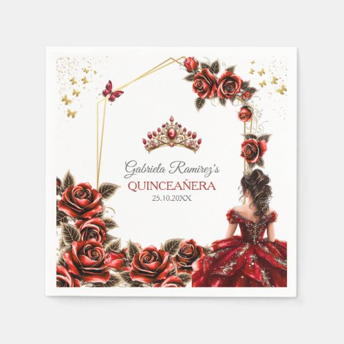 Red Golden Tiara Roses Quinceañera Napkins
