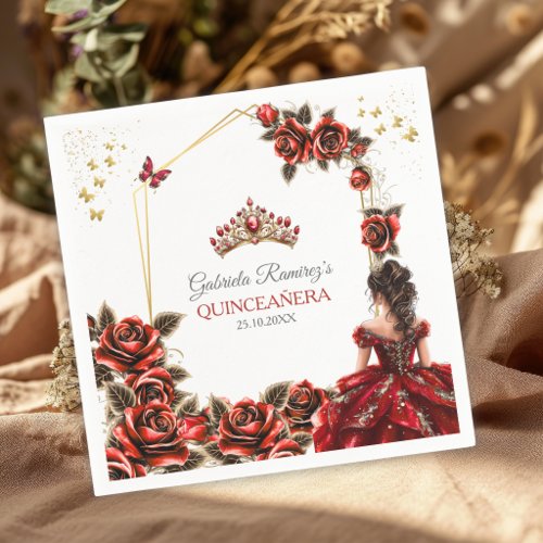 Red Golden Tiara Roses Quinceañera Napkins