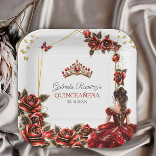 Red Golden Tiara Roses Quinceañera Paper Plates