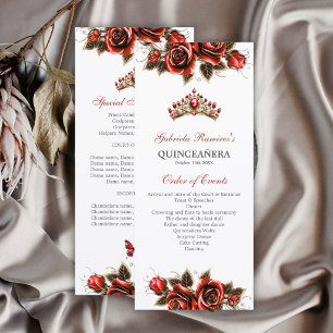 Red Golden Tiara Roses Quinceañera Program