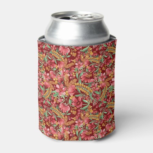 Red Golden Yellow Green Watercolor Flowers Pattern Can Cooler