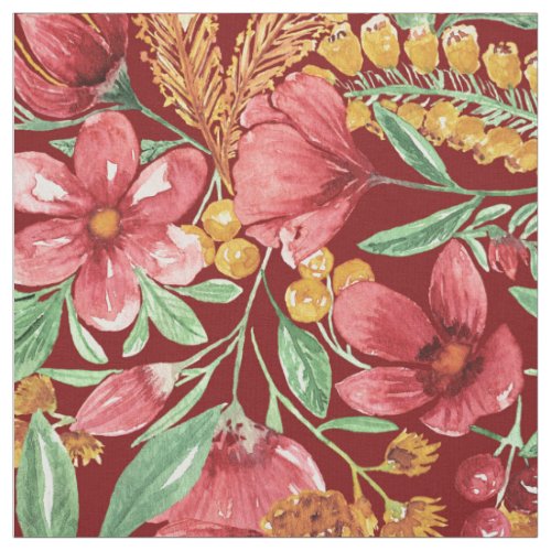 Red Golden Yellow Green Watercolor Flowers Pattern Fabric