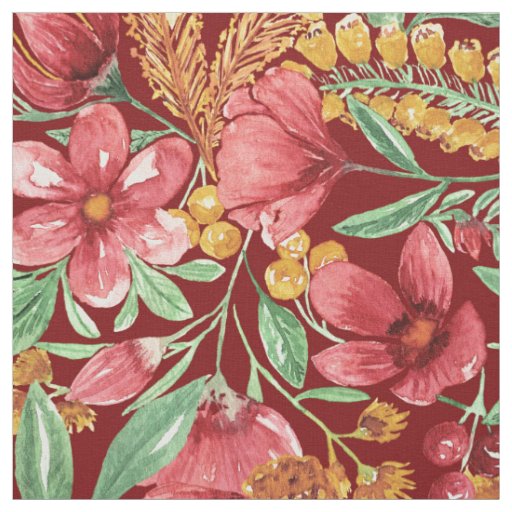 Red Golden Yellow Green Watercolor Flowers Pattern Fabric Zazzle