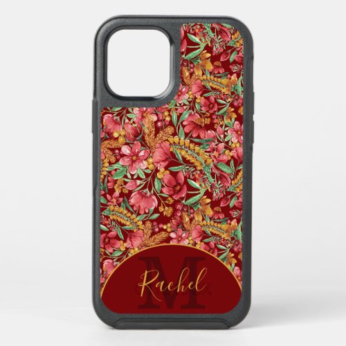 Red Golden Yellow Green Watercolor Flowers Pattern OtterBox Symmetry iPhone 12 Case