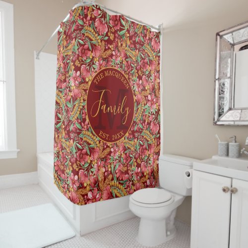 Red Golden Yellow Green Watercolor Flowers Pattern Shower Curtain