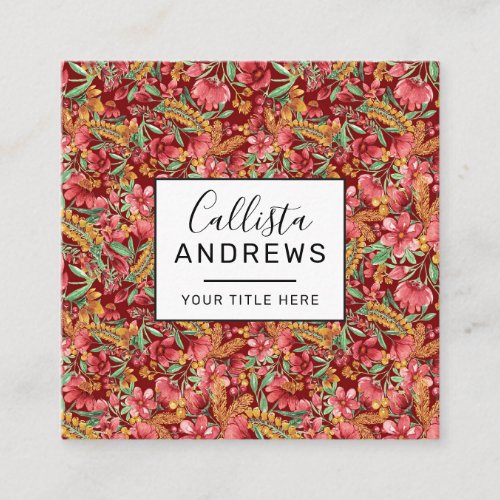 Red Golden Yellow Green Watercolor Flowers Pattern Square Business Card