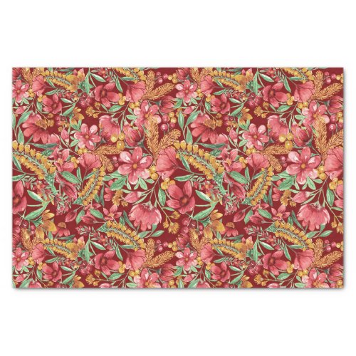 Red Golden Yellow Green Watercolor Flowers Pattern Tissue Paper