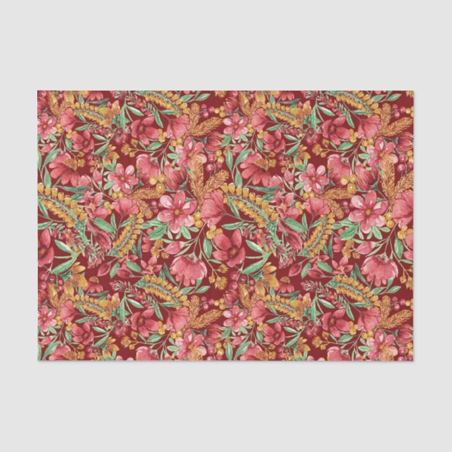 Red Golden Yellow Green Watercolor Flowers Pattern Tissue Paper (Front)