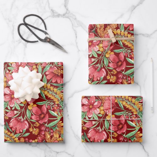 Red Golden Yellow Green Watercolor Flowers Pattern Wrapping Paper Sheets