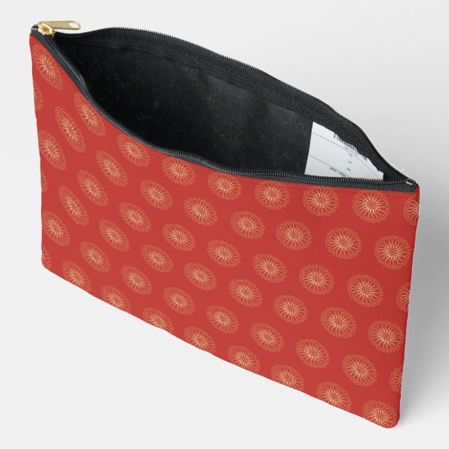 Red | Golden Zinnia Flower Medallions Accessory Pouch (Open)
