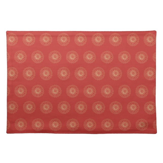 Red | Golden Zinnia Flower Medallions Cloth Placemat (Front)