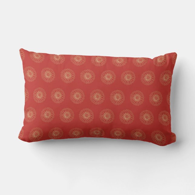 Red | Golden Zinnia Flower Medallions Lumbar Pillow (Back)