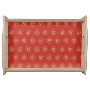 Red   Golden Zinnia Flower Medallions Serving Tray