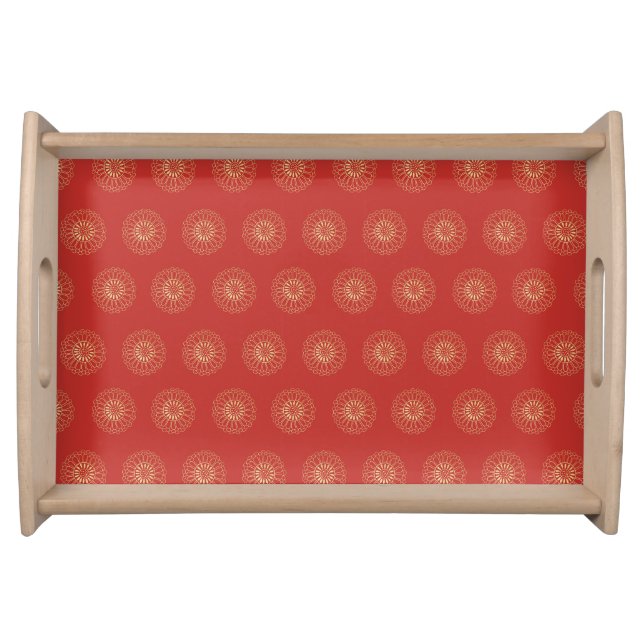 Red | Golden Zinnia Flower Medallions Serving Tray (Front)