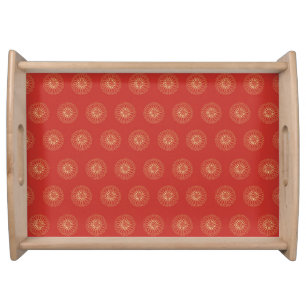 Red   Golden Zinnia Flower Medallions Serving Tray