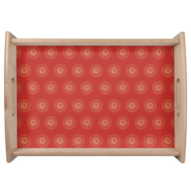 Red | Golden Zinnia Flower Medallions Serving Tray (Front)