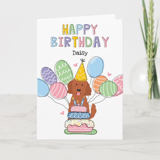 Red Goldendoodle Dog Happy Birthday Card (Front)